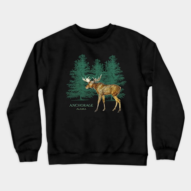 Anchorage Alaska Moose Lovers Trees Vintage-Look Souvenir Crewneck Sweatshirt by Pine Hill Goods